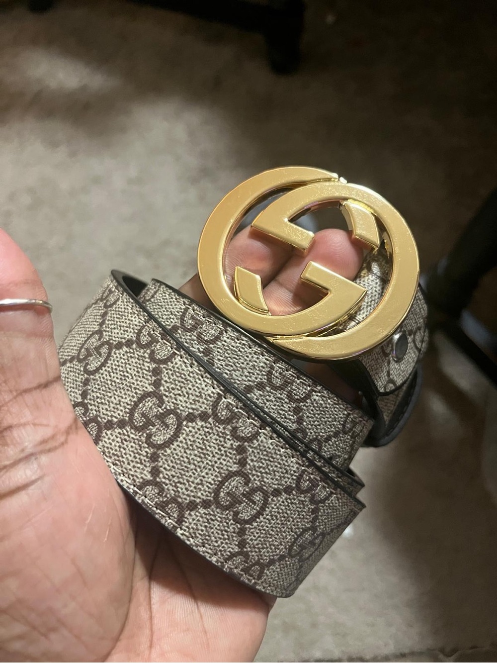Beige Monogram Canvas Belt with Gold Double-Ring Buckle